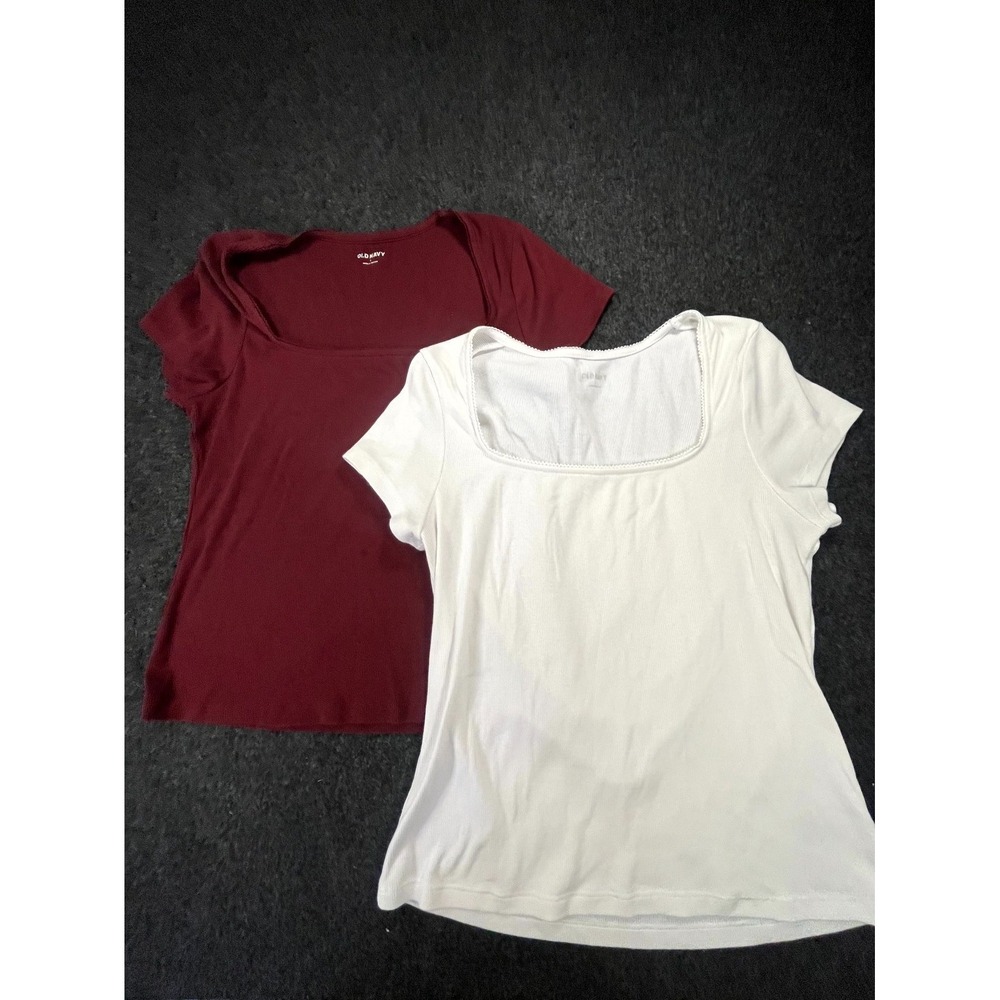 Old Navy Top Womens Large Burgundy White Stretch Ribbed Square Neck Bundle Of 2
